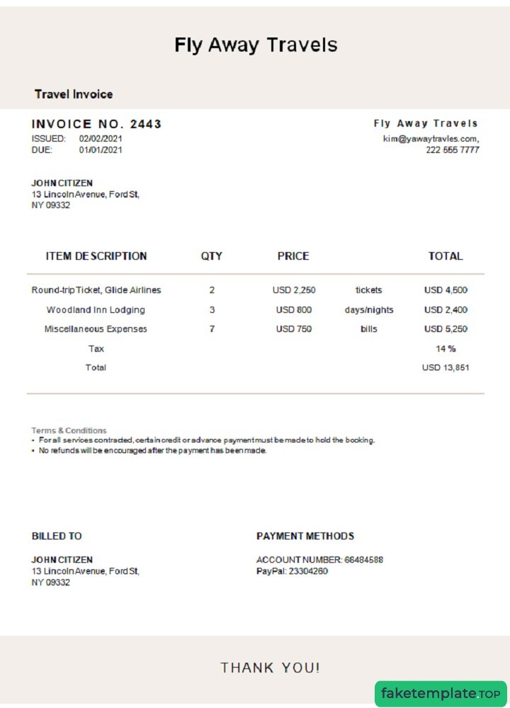 Feature of fake USA Fly Away Travels invoice example